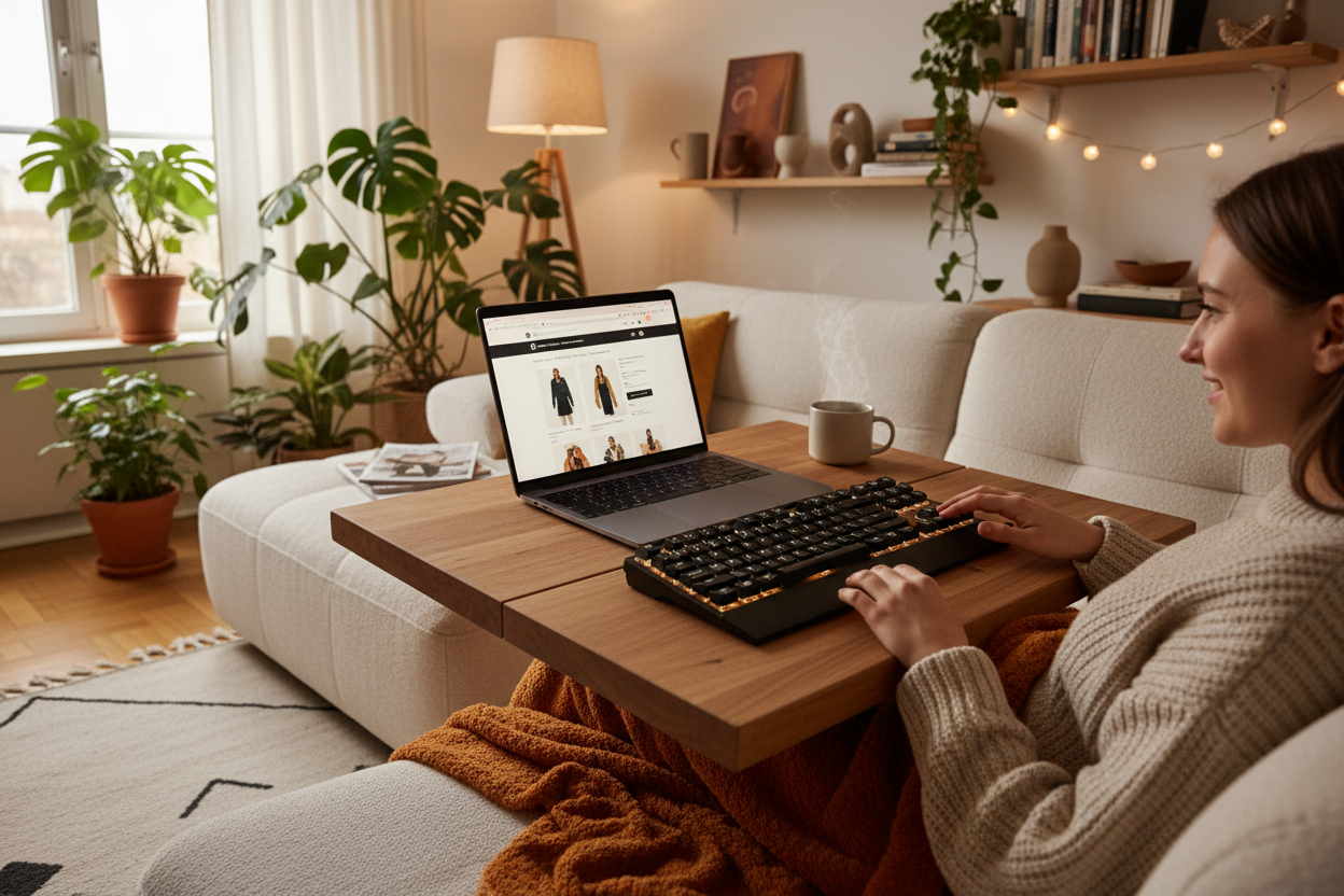una persona comprando desde la comidad de su casa con una tekla